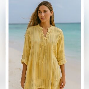 Stunning CP SHADES NEW linen Yellow striped dress knee length sz S\M pricefirm!